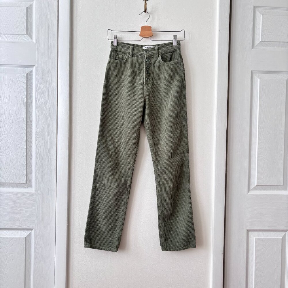 Reformation Cynthia Button Fly High Rise Straight Corduroy Pants in Moss - Picture 3 of 7